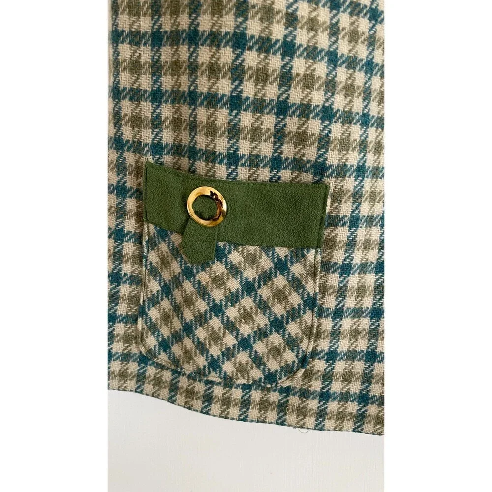 Vintage Wool Suede Green Sleeveless Checkered Pullover Vest Plaid Womens S/M - Picture 6 of 14